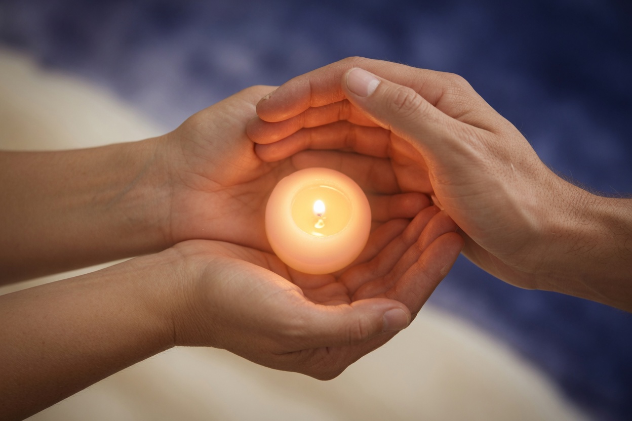 Two pairs of hands cupped around a small candle